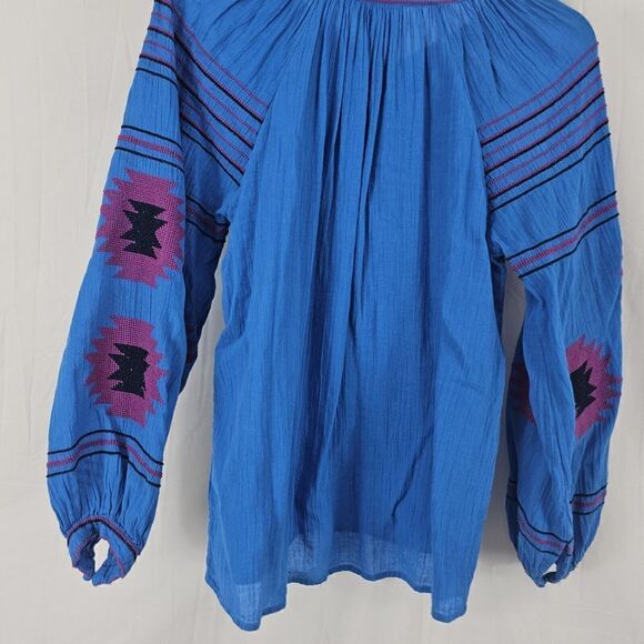 Anthropologie Maeve Runaway Embroidered Peasant Top Size XS Blue Pink Cotton - Picture 8 of 9